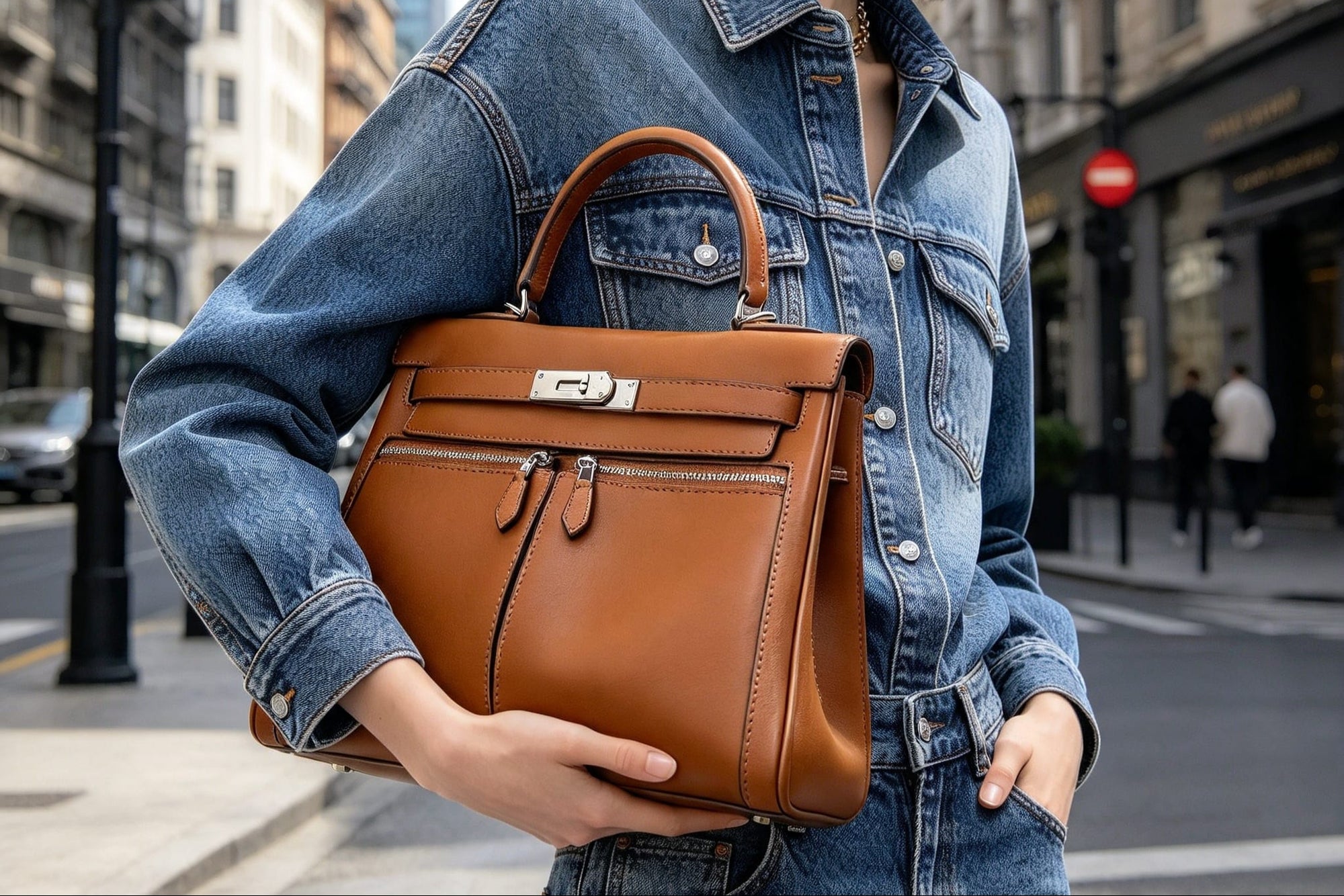 A woman in a blue denim jacket and sunglasses carries a structured brown leather handbag with silver hardware on a city street.