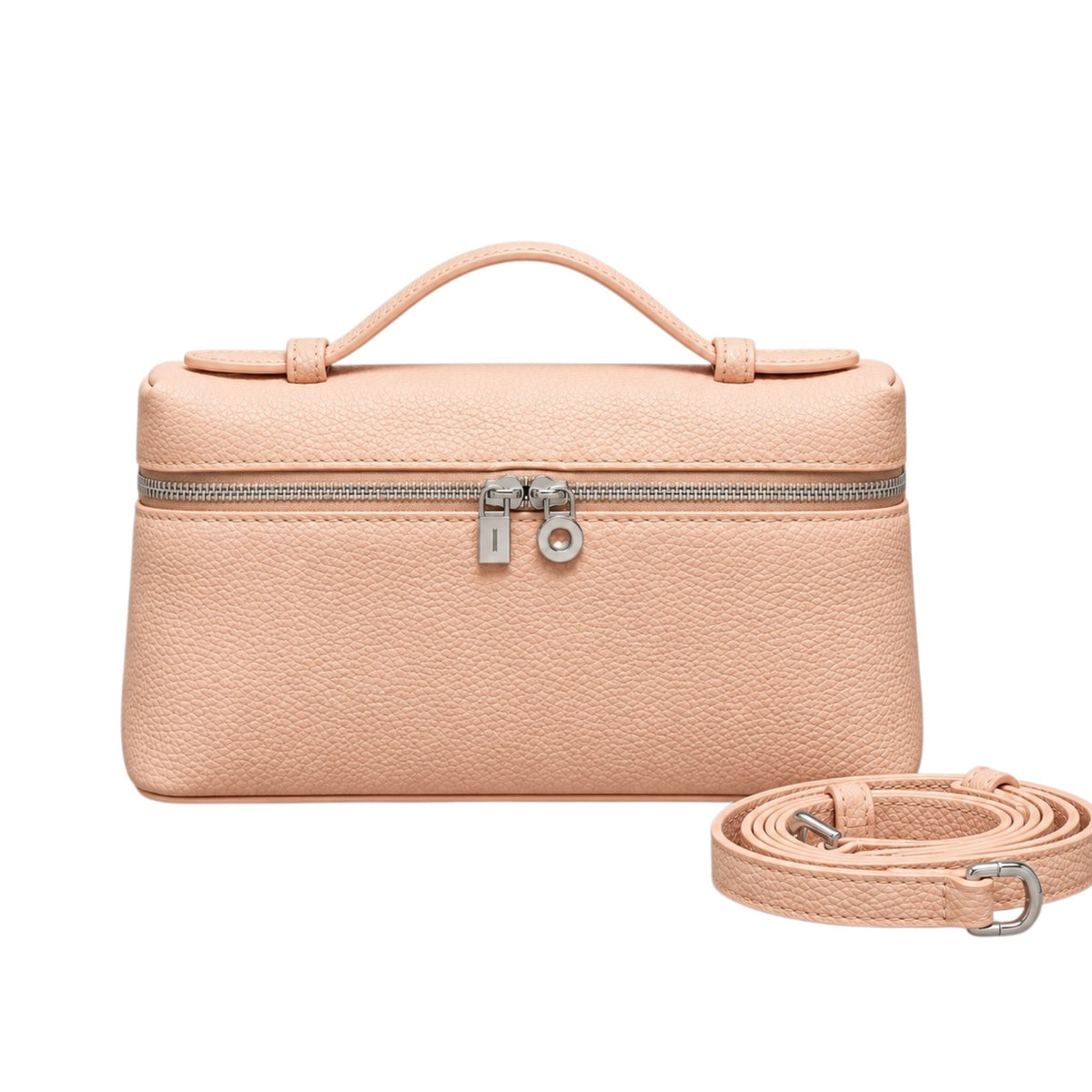 A Lucca classic grain peach leather handbag with a top handle, silver zipper, and lock, shown with a detachable crossbody shoulder strap, by Bella Dove