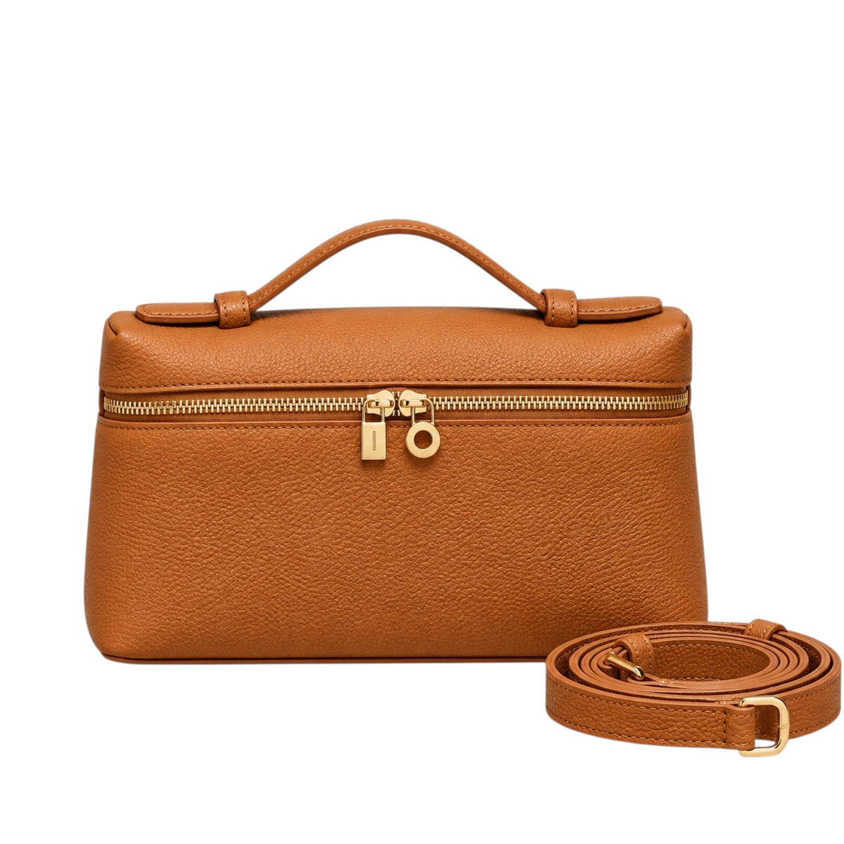 A Lucca classic grain orange leather handbag with a top handle, silver zipper, and lock, shown with a detachable crossbody shoulder strap, by Bella Dove