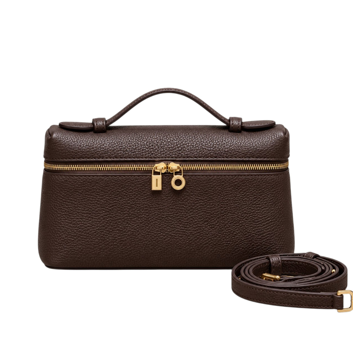 A Lucca classic grain brown leather handbag with a top handle, silver zipper, and lock, shown with a detachable crossbody shoulder strap, by Bella Dove