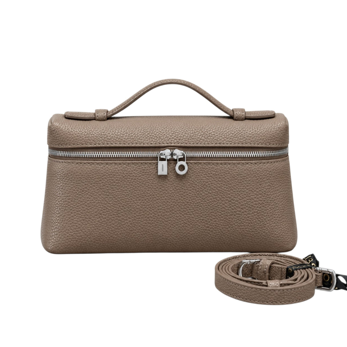 A Lucca classic grain taupe leather handbag with a top handle, silver zipper, and lock, shown with a detachable crossbody shoulder strap, by Bella Dove
