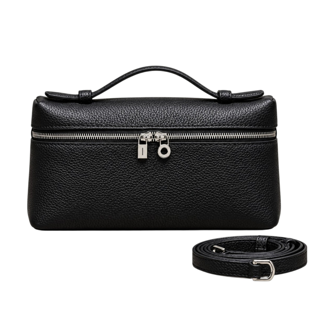 A Lucca classic grain black leather handbag with a top handle, silver zipper, and lock, shown with a detachable crossbody shoulder strap, by Bella Dove