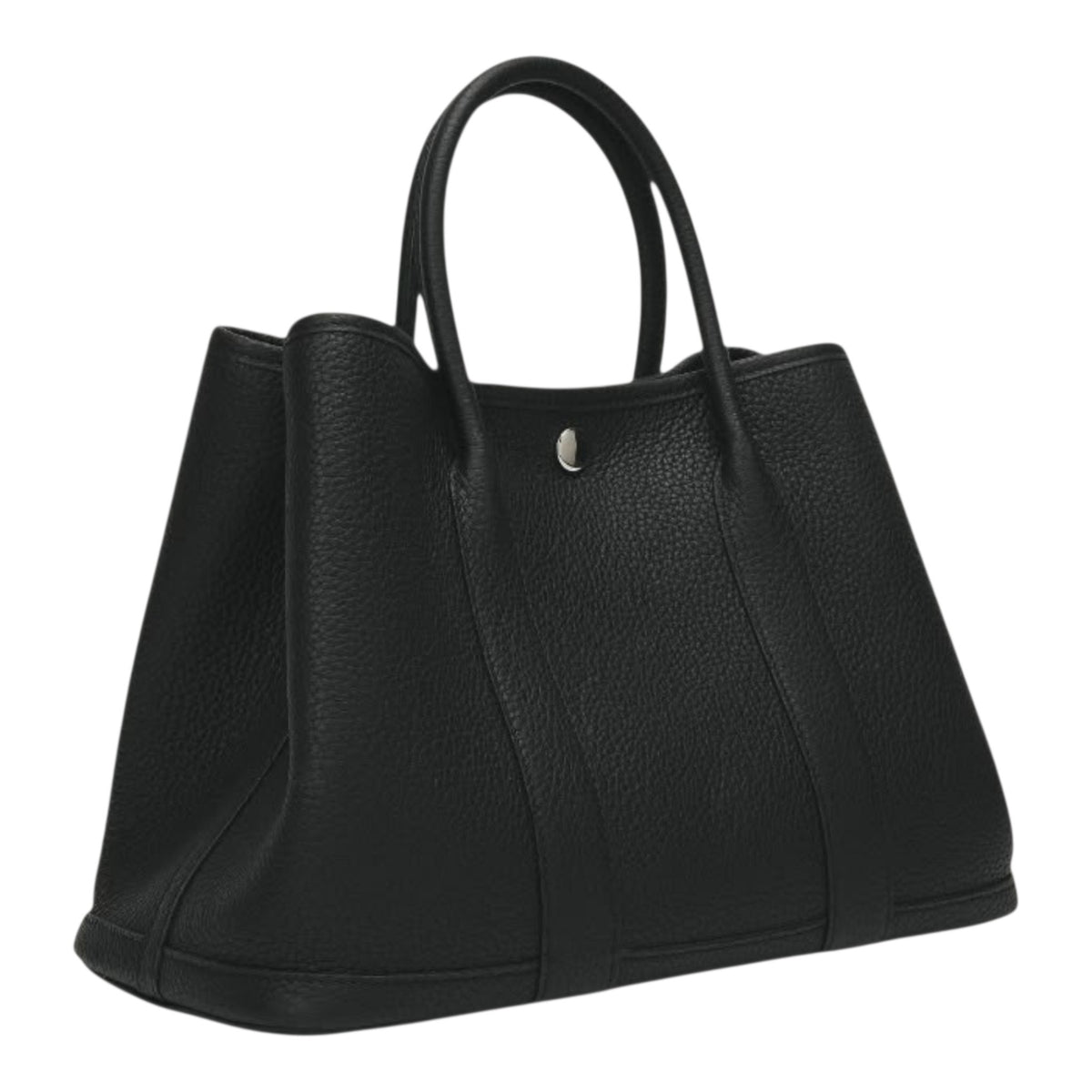 A black leather tote bag with double top handles and a snap button closure from the Bella Dove Portofino collection.