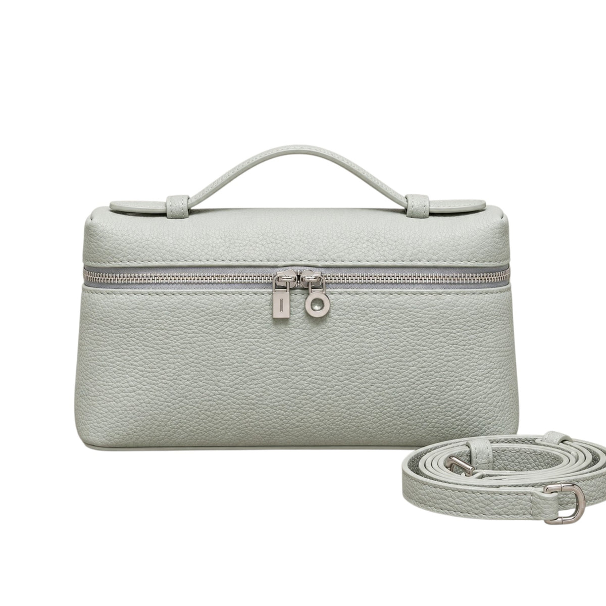 A Lucca classic grain white leather handbag with a top handle, silver zipper, and lock, shown with a detachable crossbody shoulder strap, by Bella Dove