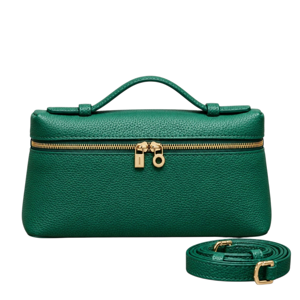 A Lucca classic grain green leather handbag with a top handle, gold zipper, and lock, shown with a detachable green crossbody shoulder strap, by Bella Dove.