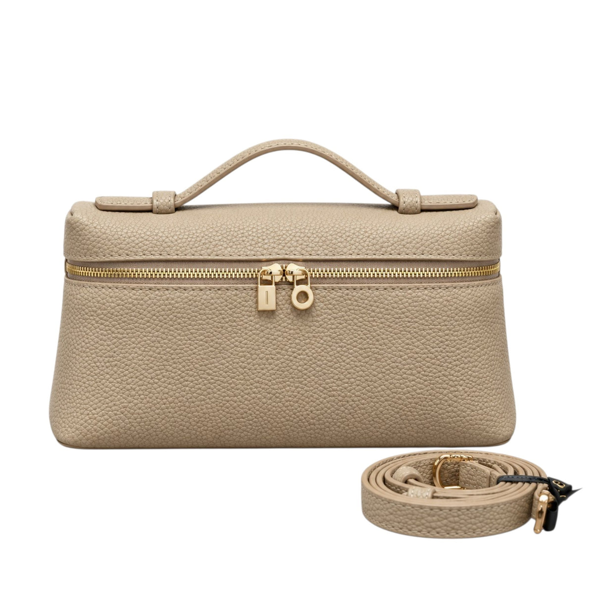 A Lucca classic grain cream leather handbag with a top handle, silver zipper, and lock, shown with a detachable crossbody shoulder strap, by Bella Dove