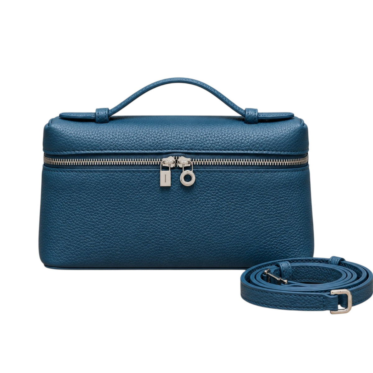 A Lucca classic grain blue leather handbag with a top handle, silver zipper, and lock, shown with a detachable crossbody shoulder strap, by Bella Dove