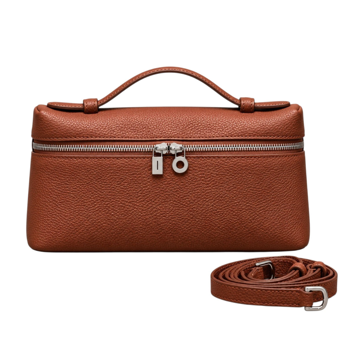 A Lucca classic grain tan leather handbag with a top handle, silver zipper, and lock, shown with a detachable crossbody shoulder strap, by Bella Dove