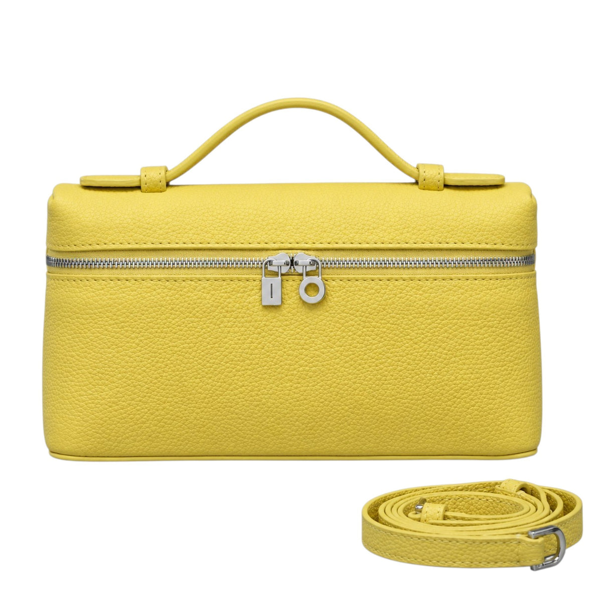 A Lucca classic grain yellow leather handbag with a top handle, silver zipper, and lock, shown with a detachable crossbody shoulder strap, by Bella Dove.