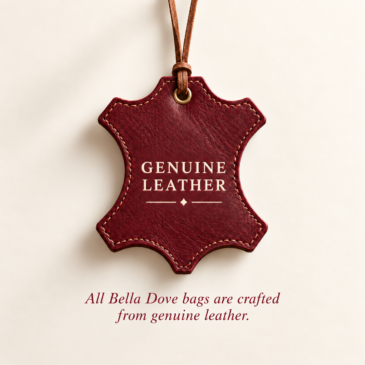 A brown leather tag with white text reading 'GENUINE LEATHER' and the text 'All Bella Dove bags are crafted from genuine leather'.